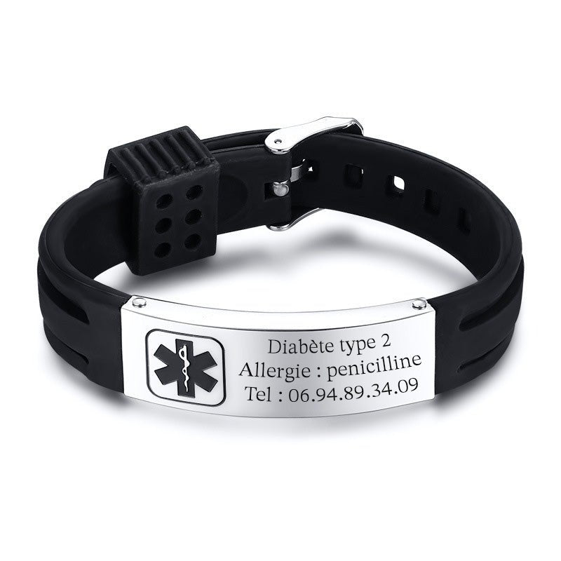 Bracelet médical noir en silicone avec plaque en acier inoxydable gravée d'informations de santé et symbole médical noir.