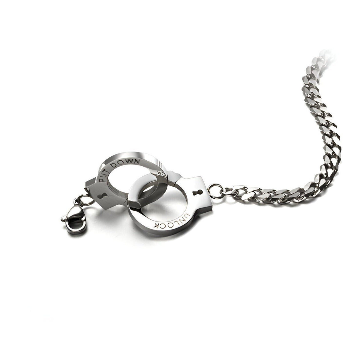 Bracelet menottes en acier inoxydable argenté avec chaîne épaisse et fermoir mousqueton.