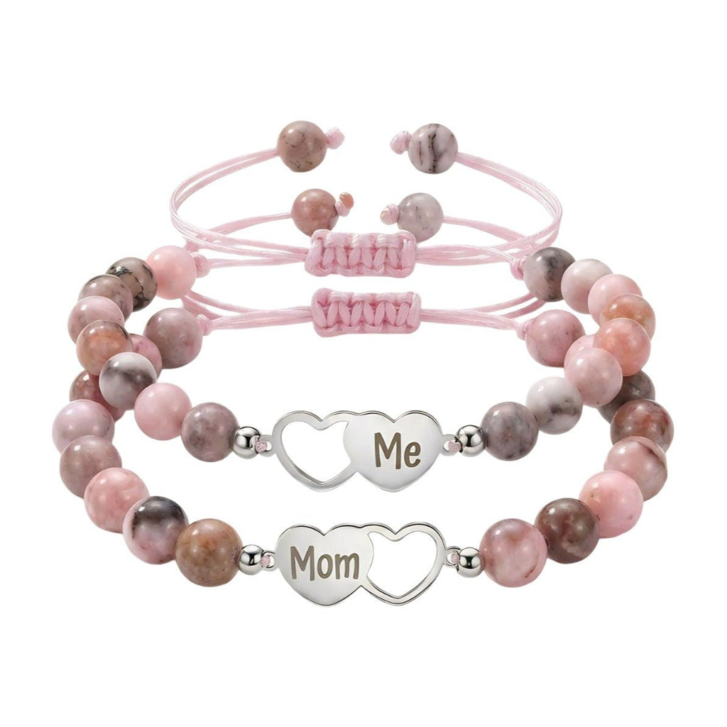 Mother and Daughter Bracelet in Pink Natural Stone, Pair of Beaded Bracelets with Stainless Steel Heart, Mother’s Day Gift, Moma Model