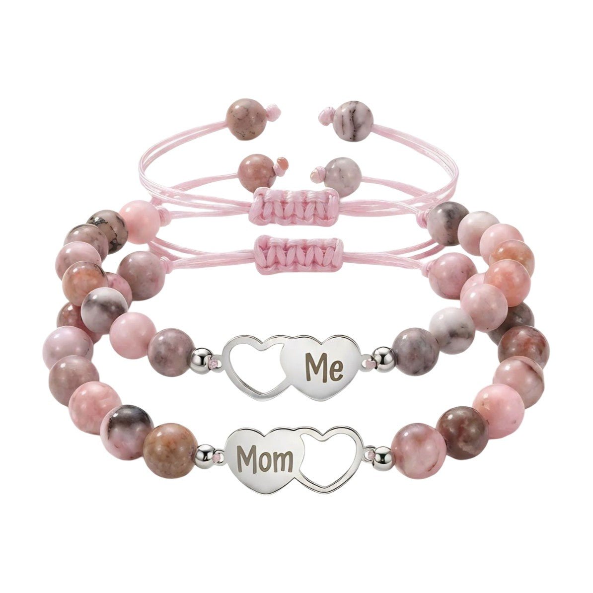 Mutter-Tochter-Armband aus rosafarbenem Naturstein, Paar Perlenarmbänder mit Herz aus Edelstahl, Geschenk zum Muttertag, Modell Moma