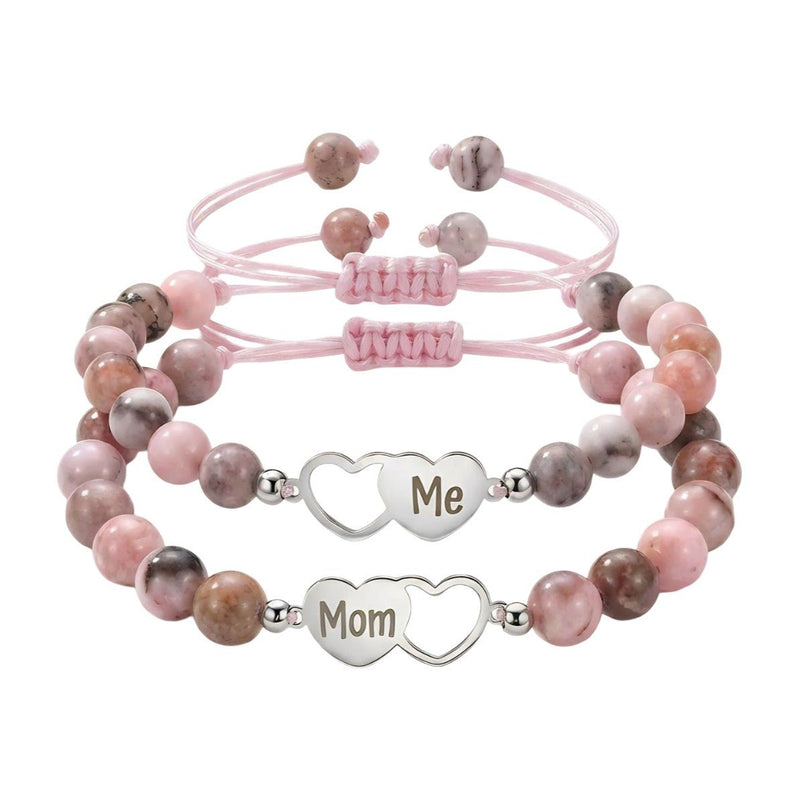 Mother and Daughter Bracelet in Pink Natural Stone, Pair of Beaded Bracelets with Stainless Steel Heart, Mother’s Day Gift, Moma Model