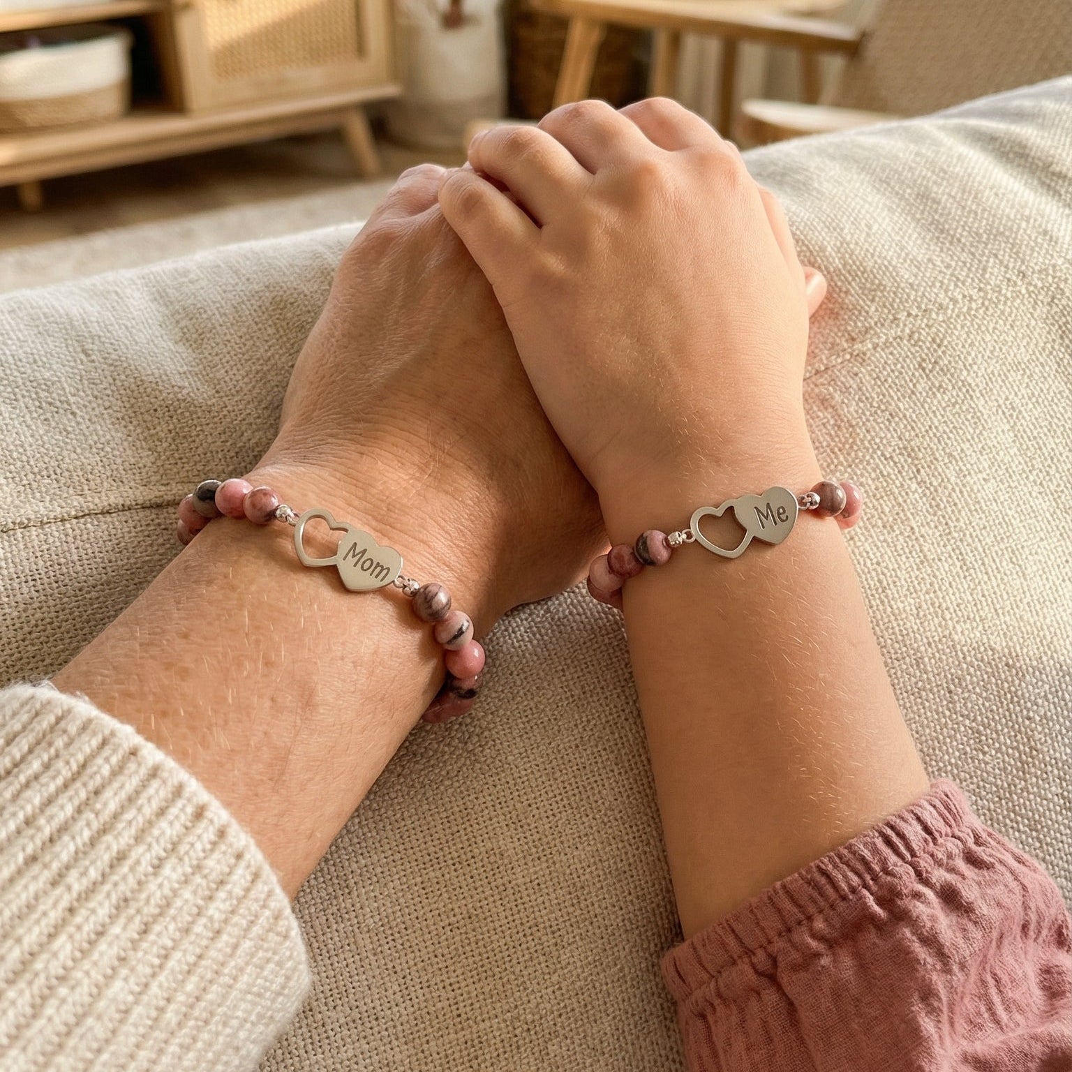 Mother and Daughter Bracelet in Pink Natural Stone, Pair of Beaded Bracelets with Stainless Steel Heart, Mother’s Day Gift, Moma Model