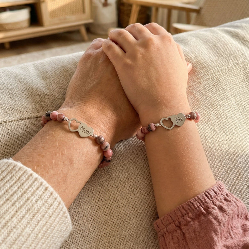 Mother and Daughter Bracelet in Pink Natural Stone, Pair of Beaded Bracelets with Stainless Steel Heart, Mother’s Day Gift, Moma Model