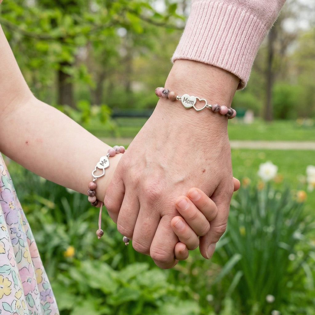 Mother and Daughter Bracelet in Pink Natural Stone, Pair of Beaded Bracelets with Stainless Steel Heart, Mother’s Day Gift, Moma Model