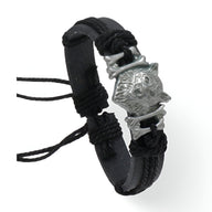 Bracelet homme microfibre noir avec tête de loup hurlant en métal argenté.
