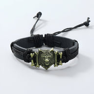 Bracelet noir en microfibre avec tête de loup hurlant en métal doré, style masculin ajustable.