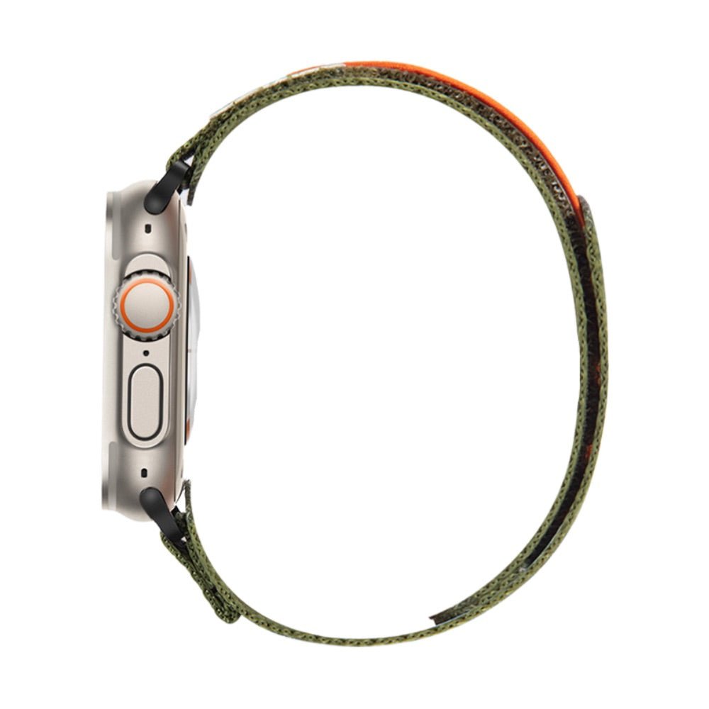 Bracelet Apple Watch militaire vert en nylon résistant avec fermeture velcro, modèle Atius, vue latérale.