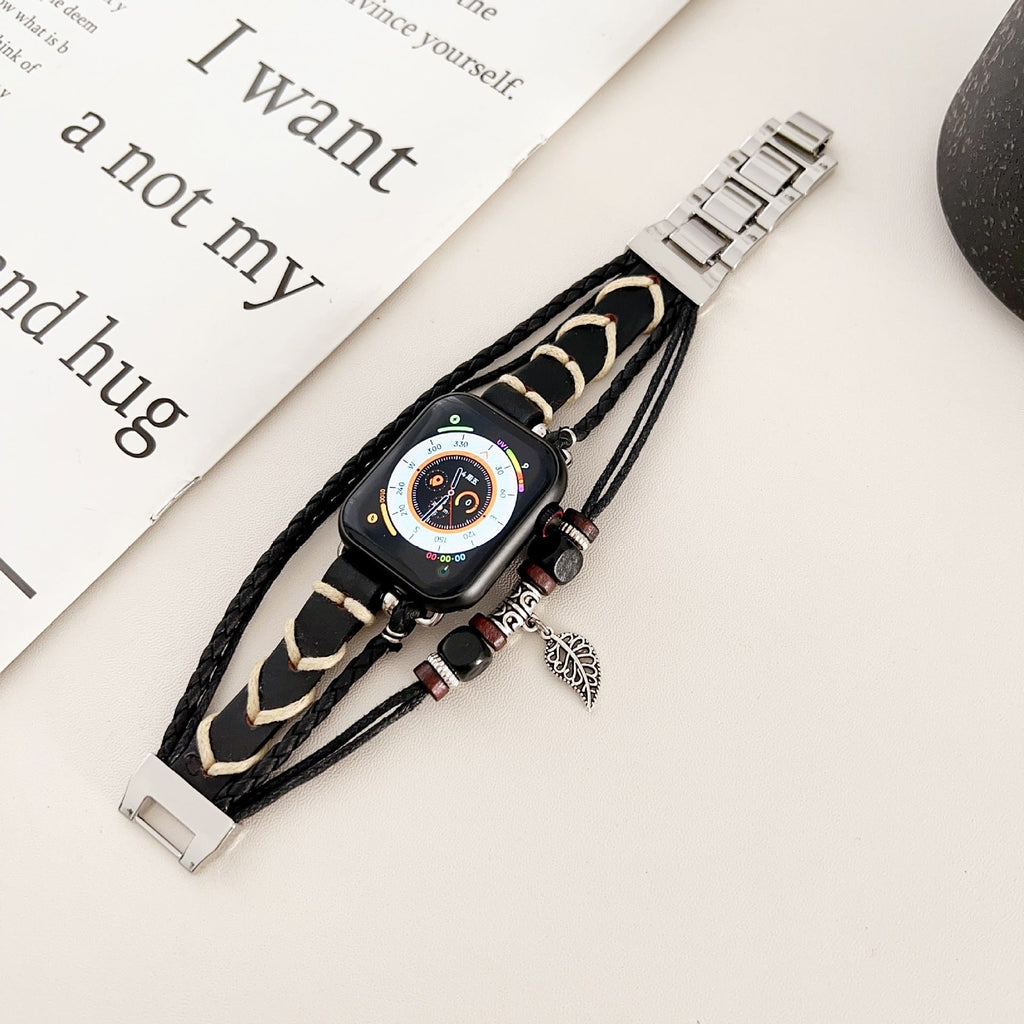 Bracelet montre Apple en simili tressé, bracelet multi rang avec bois et pendentif feuille, bracelet bohème chic pour Apple Watch, modèle Trossa