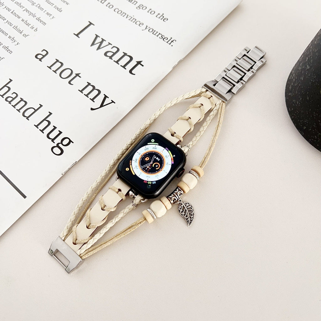 Bracelet montre Apple en simili tressé, bracelet multi rang avec bois et pendentif feuille, bracelet bohème chic pour Apple Watch, modèle Trossa