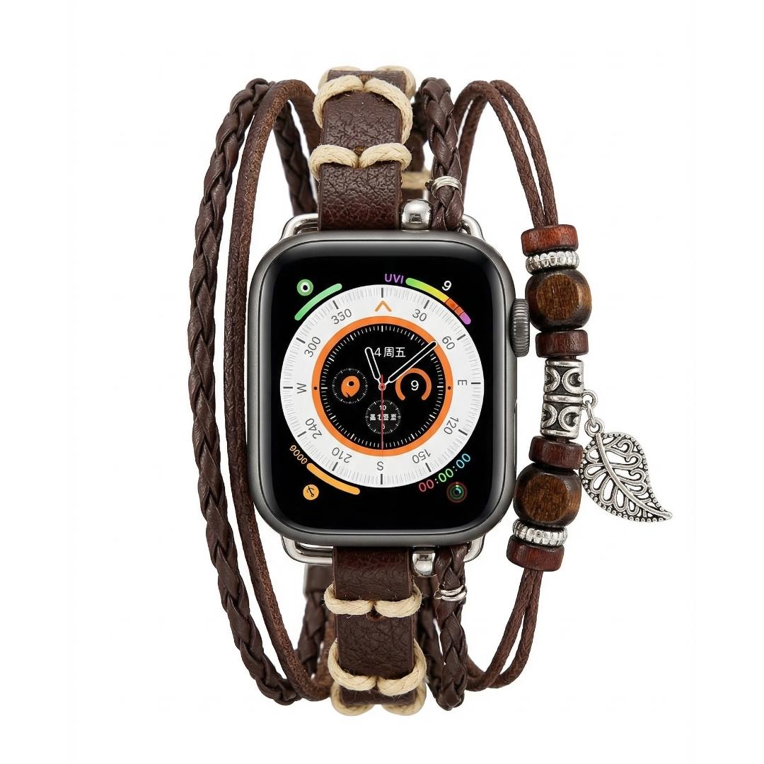 Bracelet montre Apple en simili tressé, bracelet multi rang avec bois et pendentif feuille, bracelet bohème chic pour Apple Watch, modèle Trossa