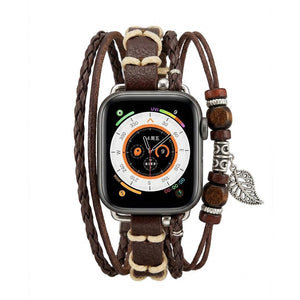 Bracelet montre Apple en simili tressé, bracelet multi rang avec bois et pendentif feuille, bracelet bohème chic pour Apple Watch, modèle Trossa