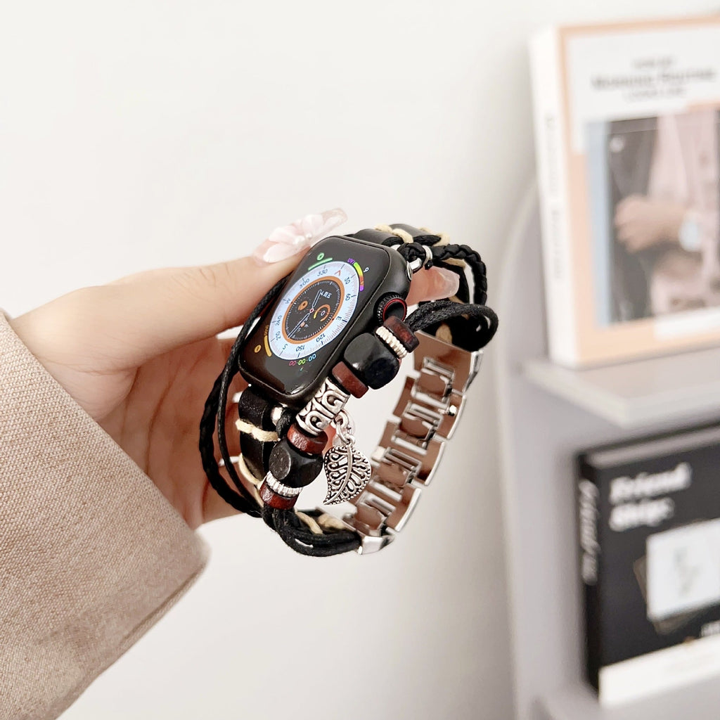 Bracelet montre Apple en simili tressé, bracelet multi rang avec bois et pendentif feuille, bracelet bohème chic pour Apple Watch, modèle Trossa