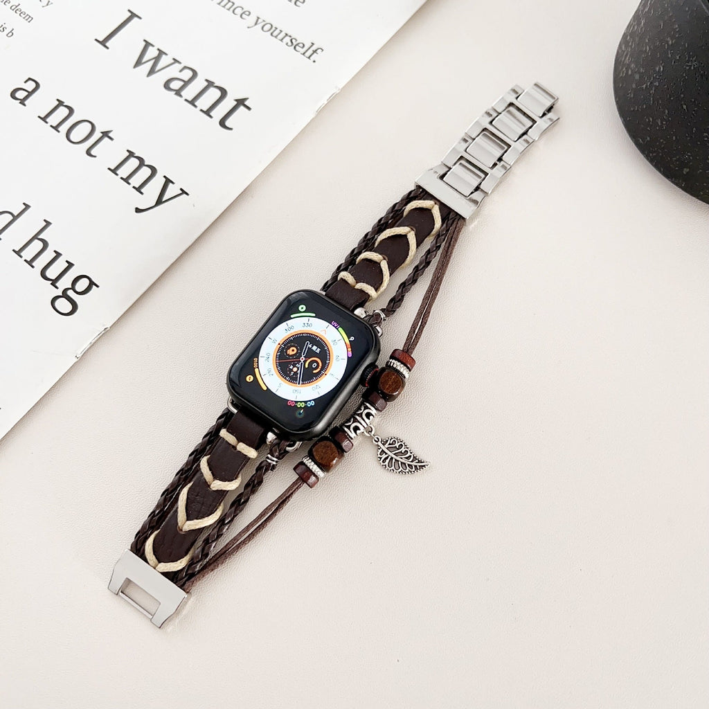 Bracelet montre Apple en simili tressé, bracelet multi rang avec bois et pendentif feuille, bracelet bohème chic pour Apple Watch, modèle Trossa