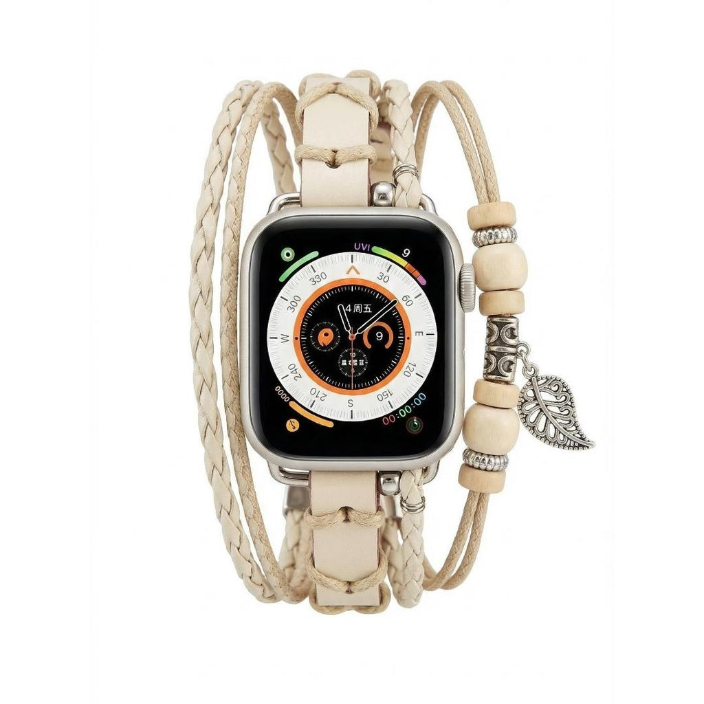 Bracelet montre Apple en simili tressé, bracelet multi rang avec bois et pendentif feuille, bracelet bohème chic pour Apple Watch, modèle Trossa