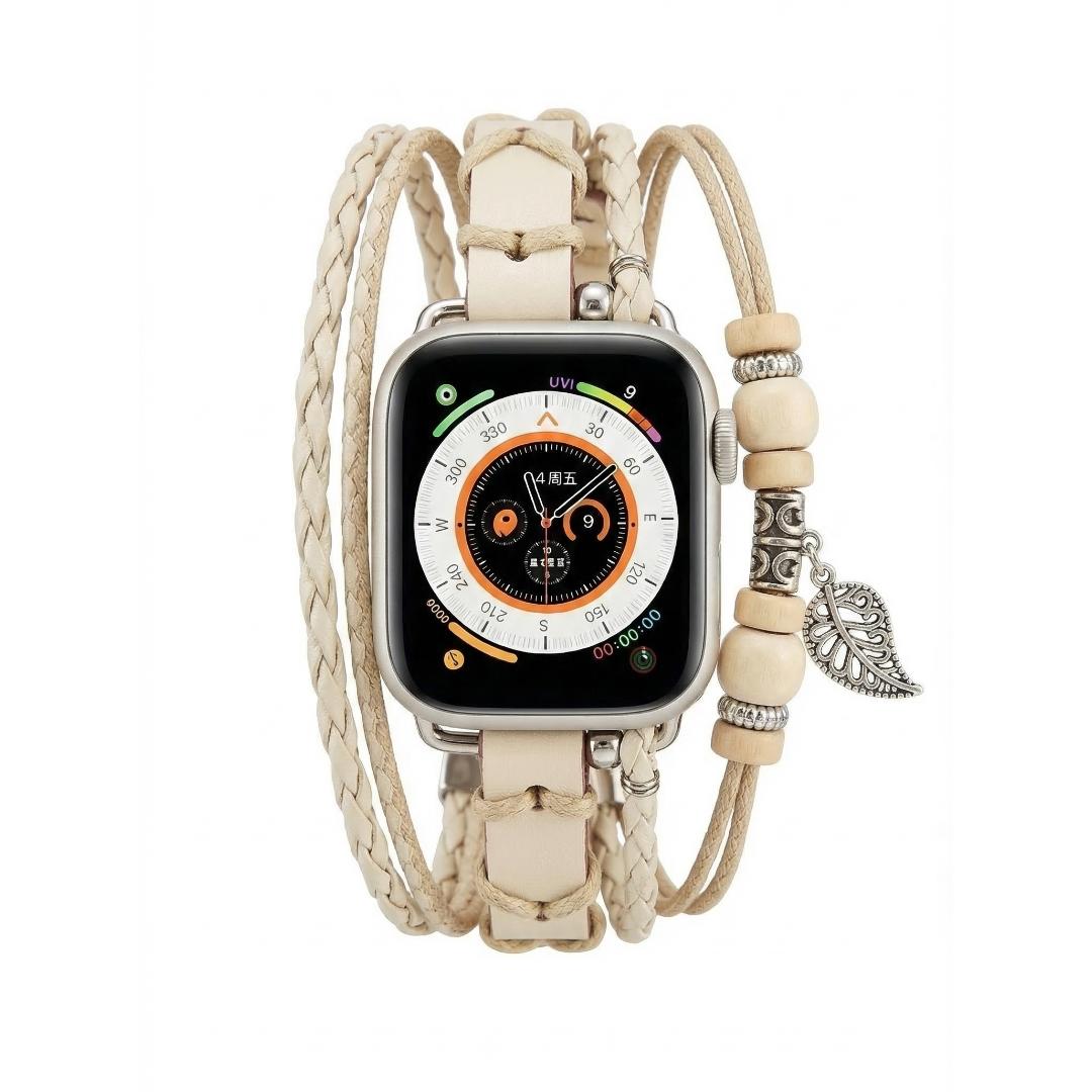 Bracelet montre Apple en simili tressé, bracelet multi rang avec bois et pendentif feuille, bracelet bohème chic pour Apple Watch, modèle Trossa