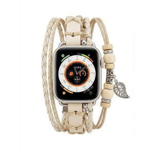 Bracelet montre Apple en simili tressé, bracelet multi rang avec bois et pendentif feuille, bracelet bohème chic pour Apple Watch, modèle Trossa