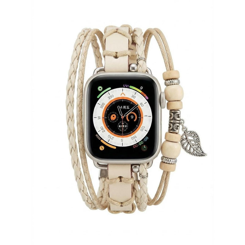 Bracelet montre Apple en simili tressé, bracelet multi rang avec bois et pendentif feuille, bracelet bohème chic pour Apple Watch, modèle Trossa