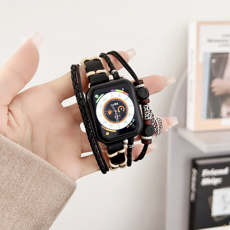 Bracelet montre Apple en simili tressé, bracelet multi rang avec bois et pendentif feuille, bracelet bohème chic pour Apple Watch, modèle Trossa