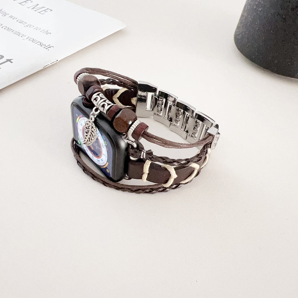 Bracelet montre Apple en simili tressé, bracelet multi rang avec bois et pendentif feuille, bracelet bohème chic pour Apple Watch, modèle Trossa