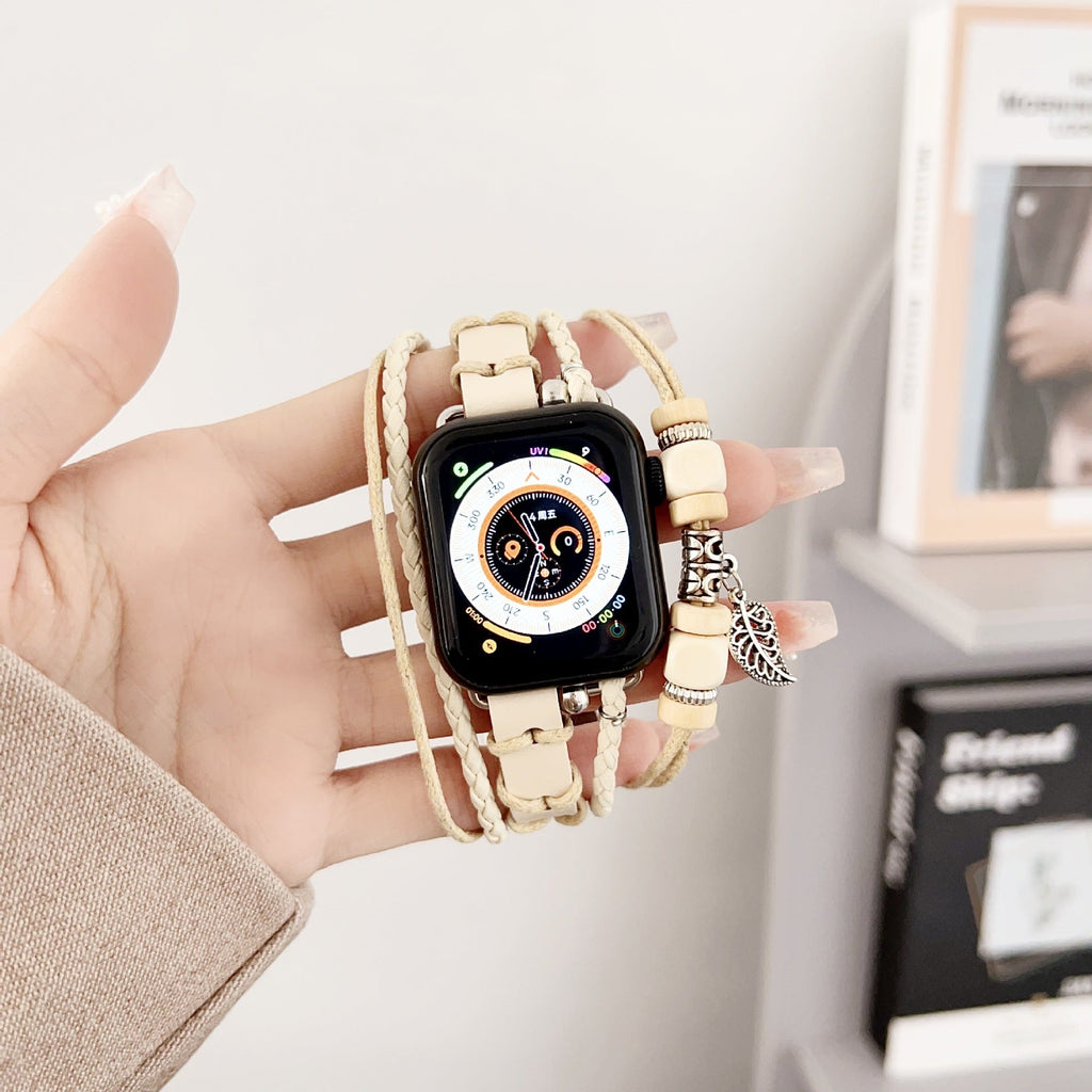 Bracelet montre Apple en simili tressé, bracelet multi rang avec bois et pendentif feuille, bracelet bohème chic pour Apple Watch, modèle Trossa