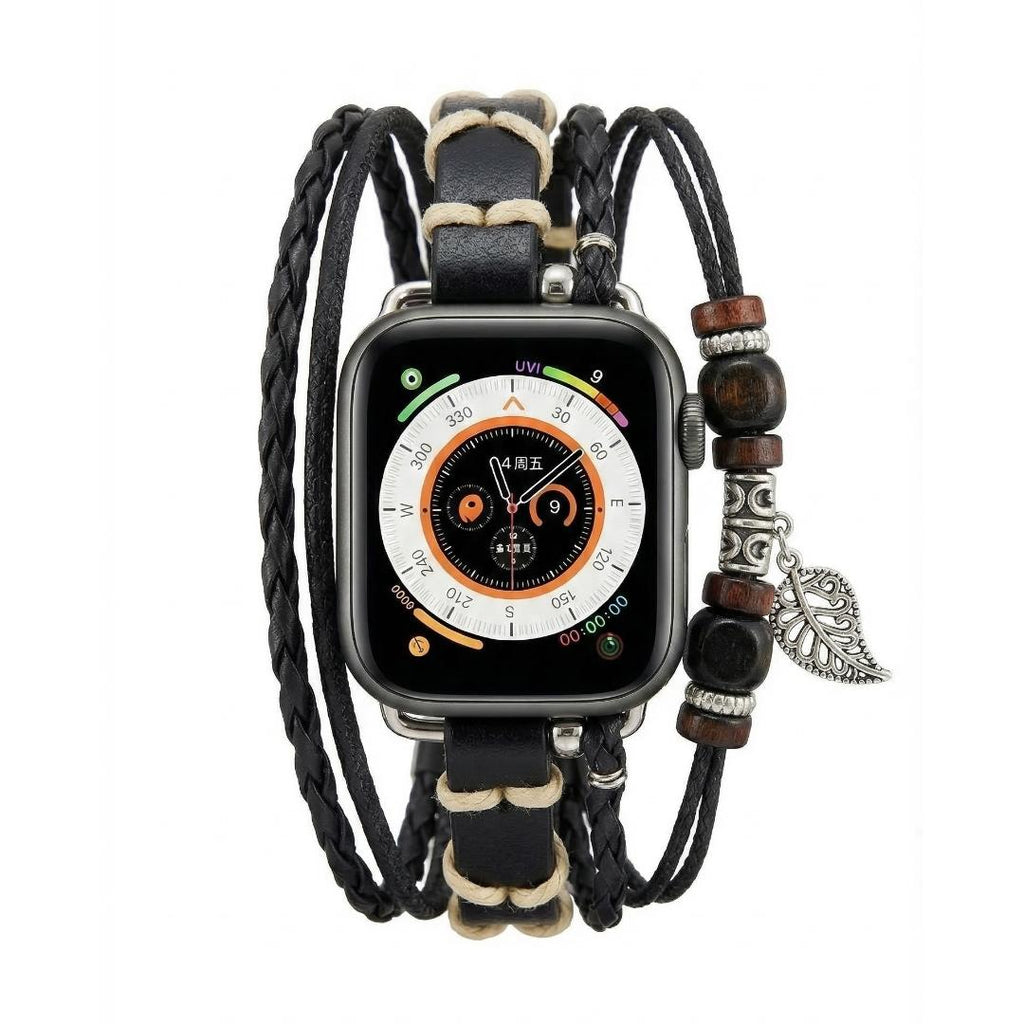 Bracelet montre Apple en simili tressé, bracelet multi rang avec bois et pendentif feuille, bracelet bohème chic pour Apple Watch, modèle Trossa