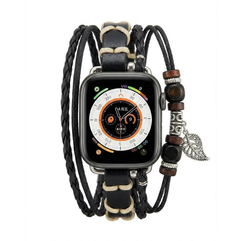 Bracelet montre Apple en simili tressé, bracelet multi rang avec bois et pendentif feuille, bracelet bohème chic pour Apple Watch, modèle Trossa