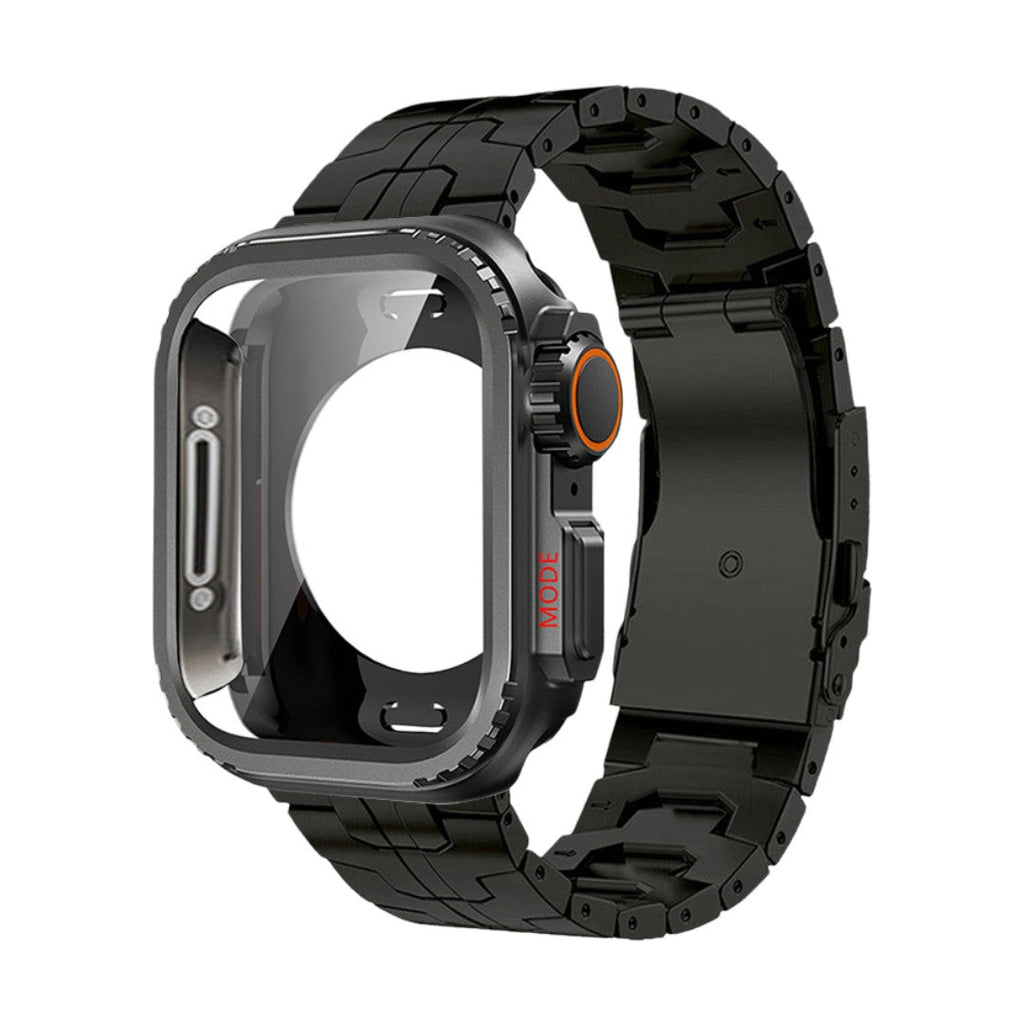 Bracelet montre Apple en titane noir mat avec maille moderne, boucle déployante, bouton et ligne orange distinctive.