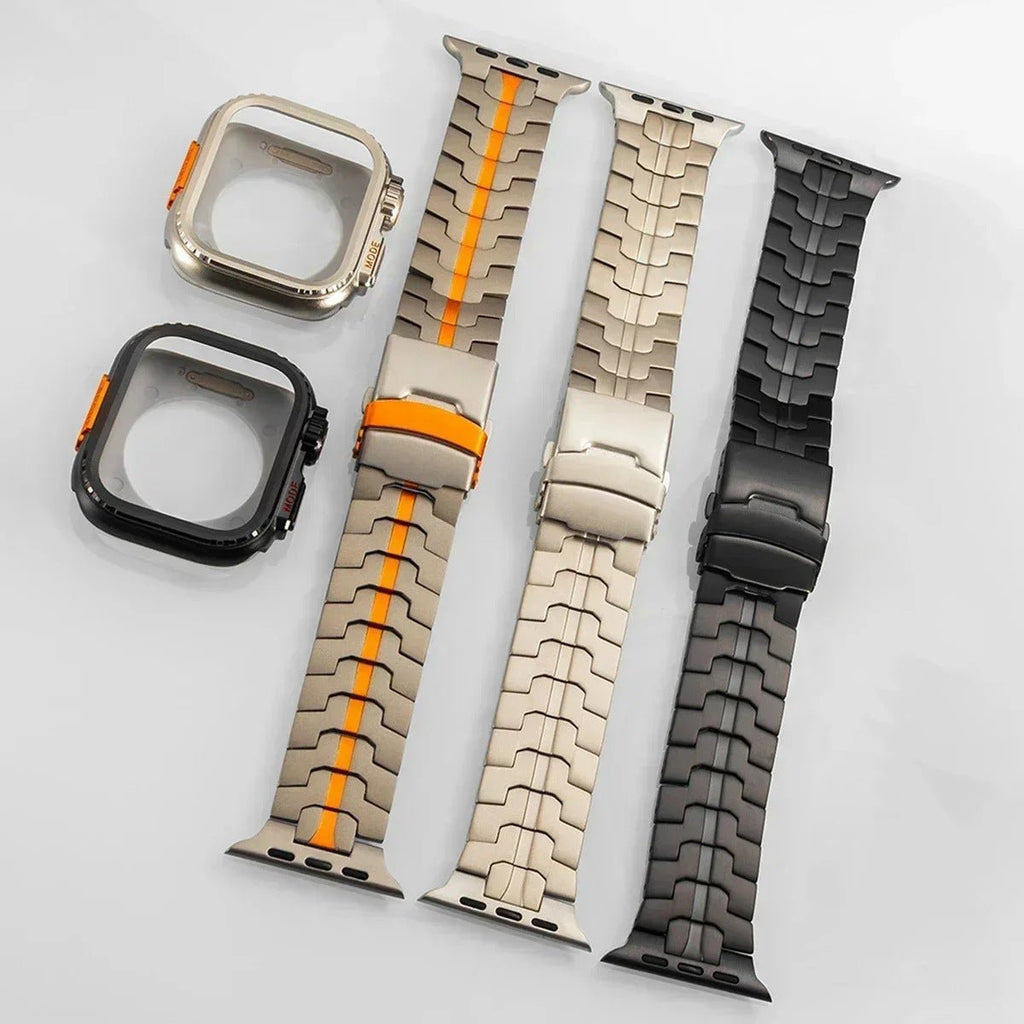 Bracelet montre Apple en titane avec maille moderne en trois couleurs (noir, argent, gris) et ligne orange distinctive au.