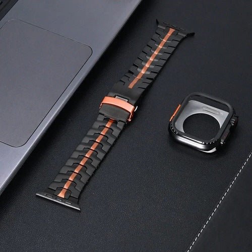 Bracelet montre Apple en titane noir à maille moderne avec ligne orange centrale et boucle déployante robuste.