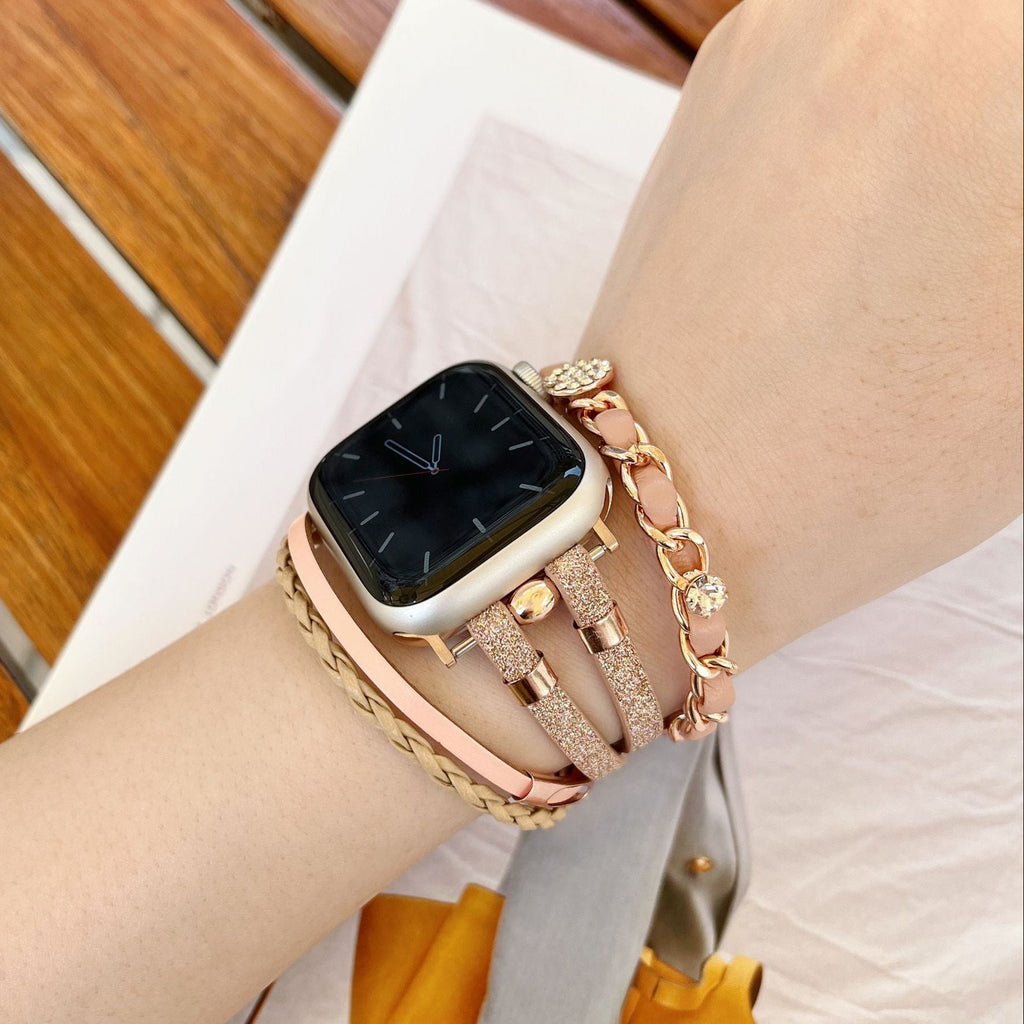 Bracelet montre Apple Watch femme simili tressé et chaîne dorée, bijou élégant avec strass et finitions brillantes, modèle Wixe