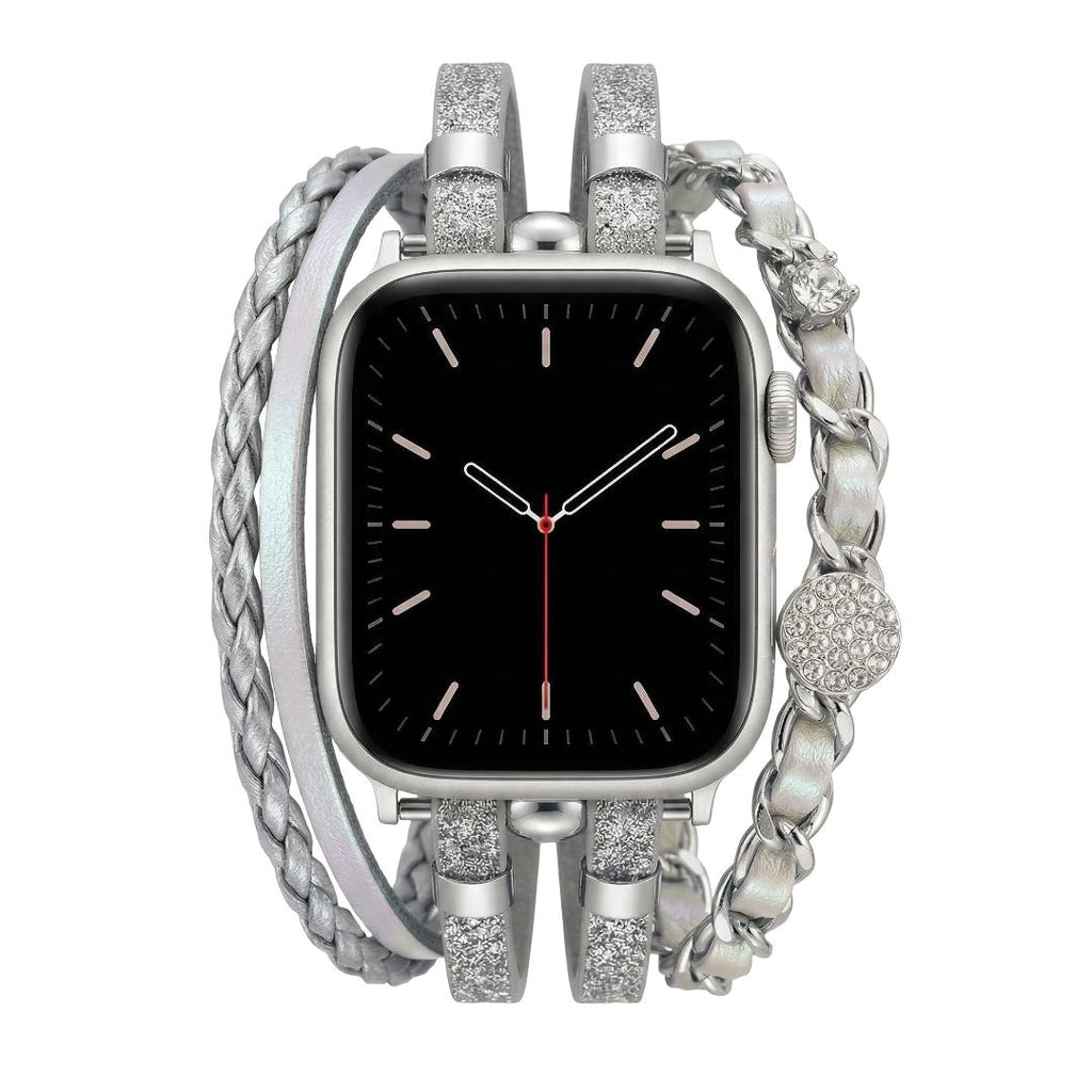 Bracelet montre Apple Watch femme simili tressé et chaîne dorée, bijou élégant avec strass et finitions brillantes, modèle Wixe