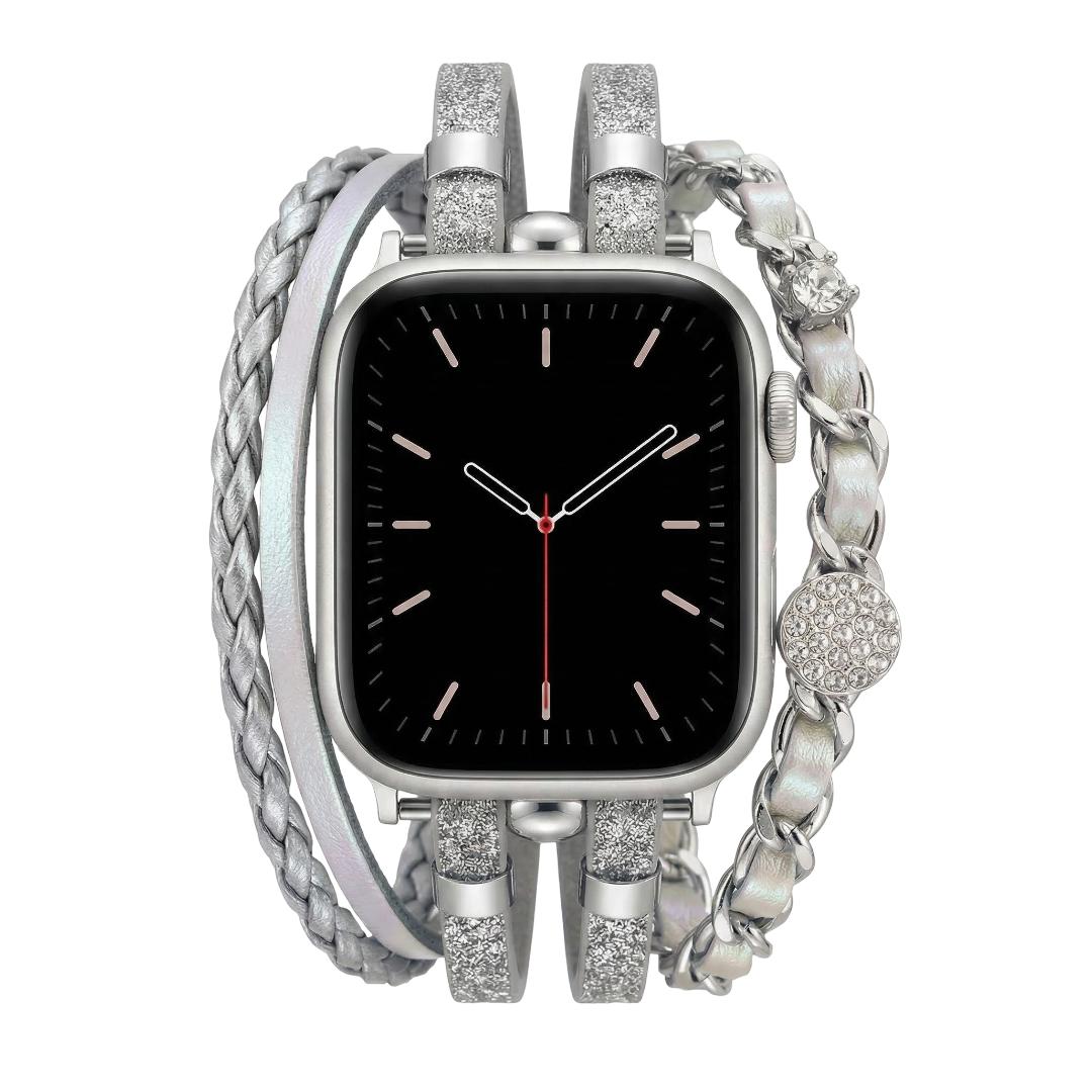 Pulseira Apple Watch multi-voltas, tiras entrançadas e corrente entrelaçada, medalhões com strass, para mulher, modelo Wixe