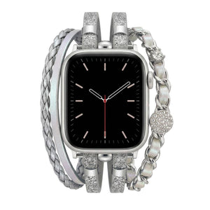 Bracelet montre Apple Watch femme simili tressé et chaîne dorée, bijou élégant avec strass et finitions brillantes, modèle Wixe