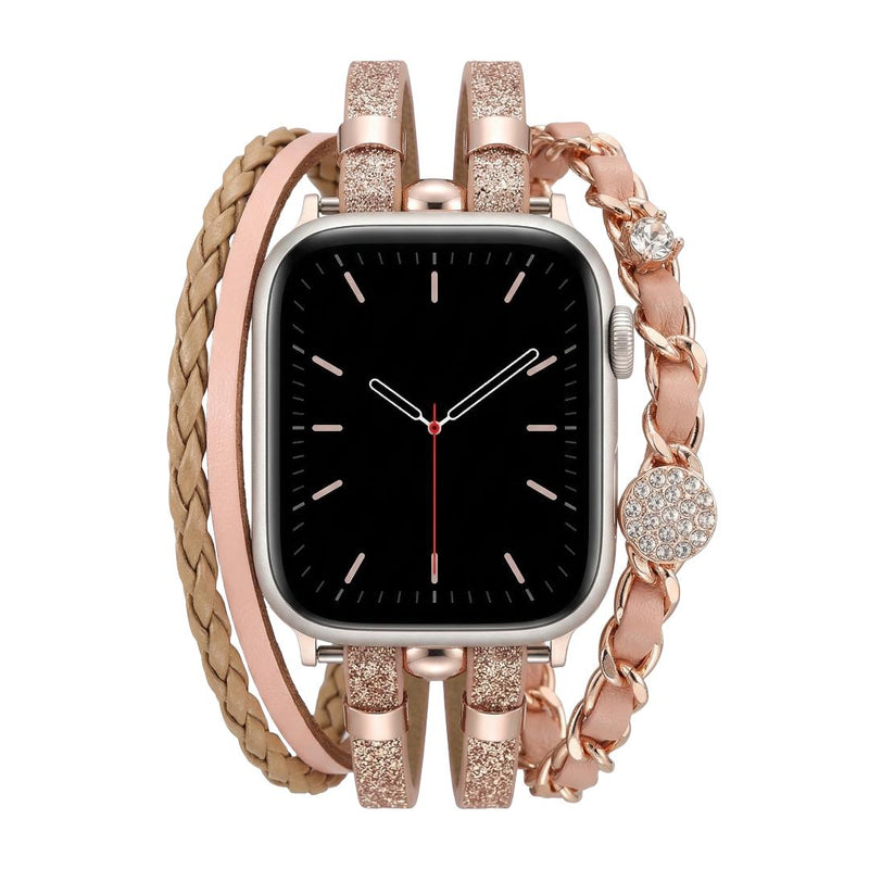 Bracelet montre Apple Watch femme simili tressé et chaîne dorée, bijou élégant avec strass et finitions brillantes, modèle Wixe