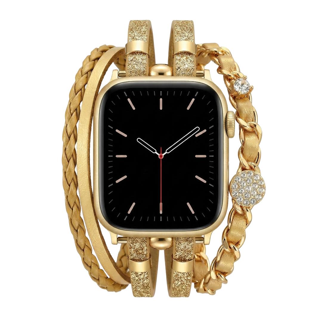 Pulseira Apple Watch multi-voltas, tiras entrançadas e corrente entrelaçada, medalhões com strass, para mulher, modelo Wixe