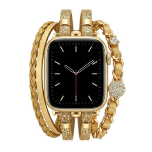 Bracelet montre Apple Watch femme simili tressé et chaîne dorée, bijou élégant avec strass et finitions brillantes, modèle Wixe
