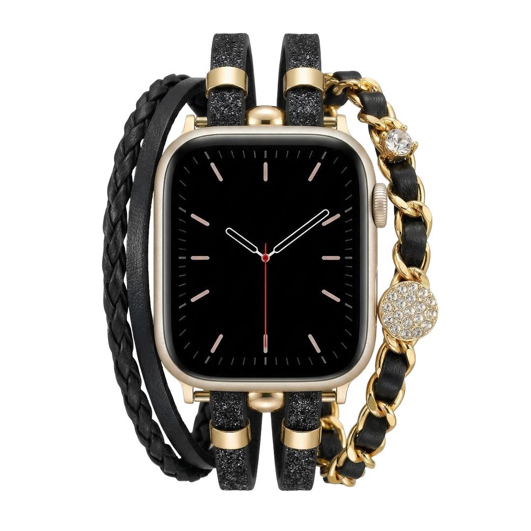 Pulseira Apple Watch multi-voltas, tiras entrançadas e corrente entrelaçada, medalhões com strass, para mulher, modelo Wixe