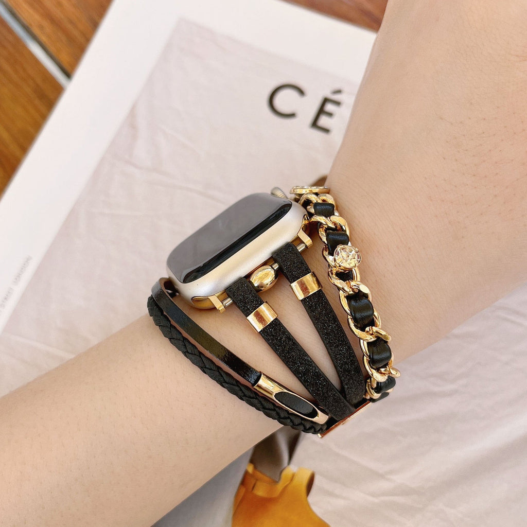 Bracelet montre Apple Watch femme simili tressé et chaîne dorée, bijou élégant avec strass et finitions brillantes, modèle Wixe