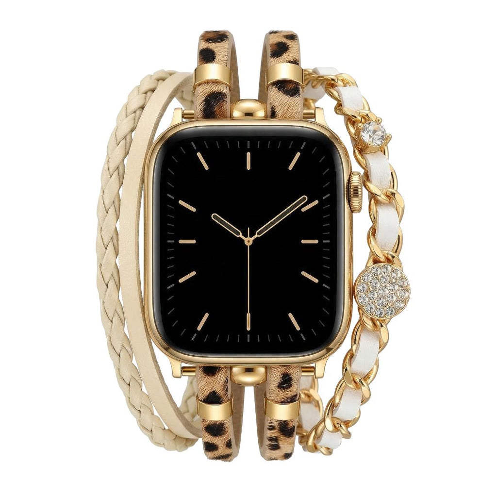 Bracelet montre Apple Watch femme simili tressé et chaîne dorée, bijou élégant avec strass et finitions brillantes, modèle Wixe
