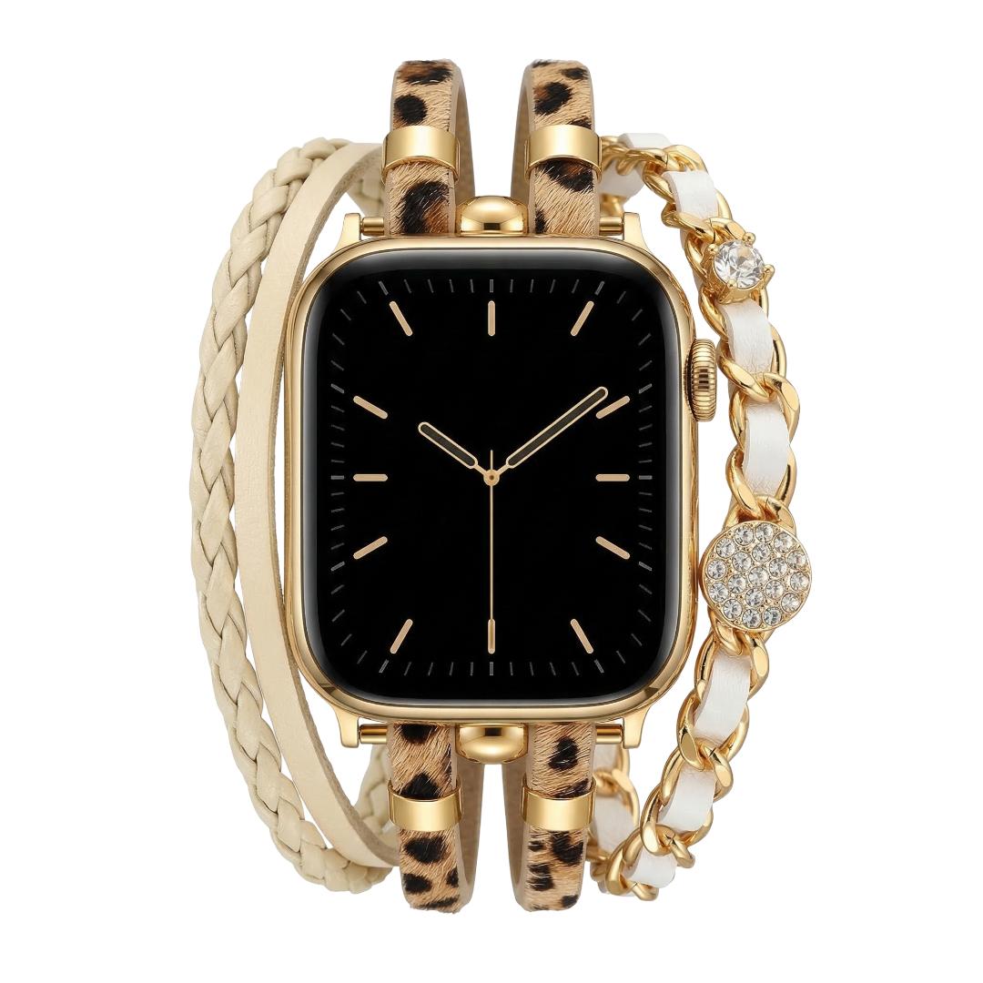 Bracelet montre Apple Watch femme simili tressé et chaîne dorée, bijou élégant avec strass et finitions brillantes, modèle Wixe