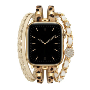 Bracelet montre Apple Watch femme simili tressé et chaîne dorée, bijou élégant avec strass et finitions brillantes, modèle Wixe