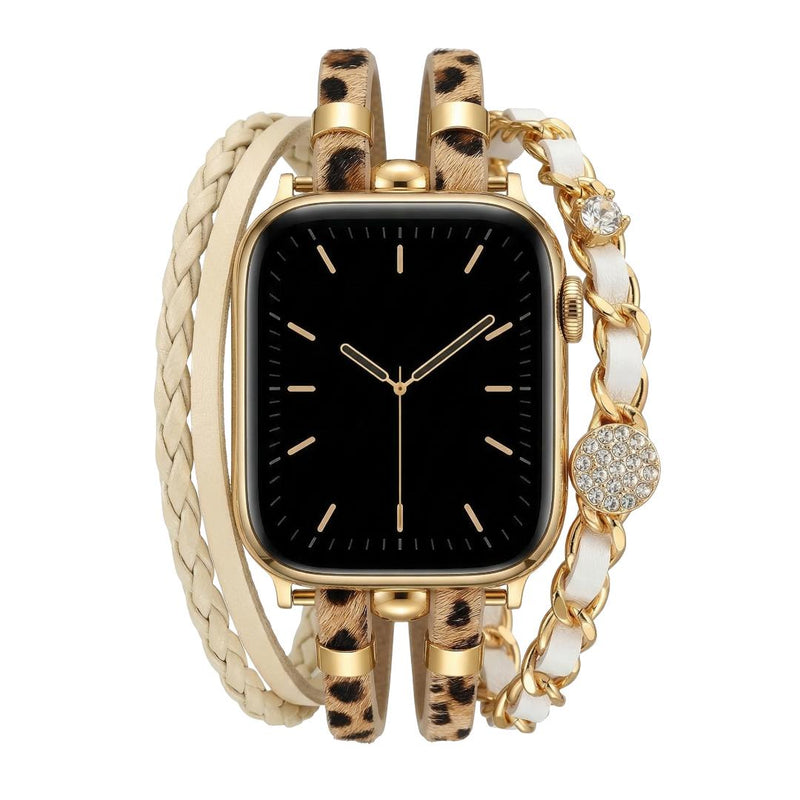 Bracelet montre Apple Watch femme simili tressé et chaîne dorée, bijou élégant avec strass et finitions brillantes, modèle Wixe