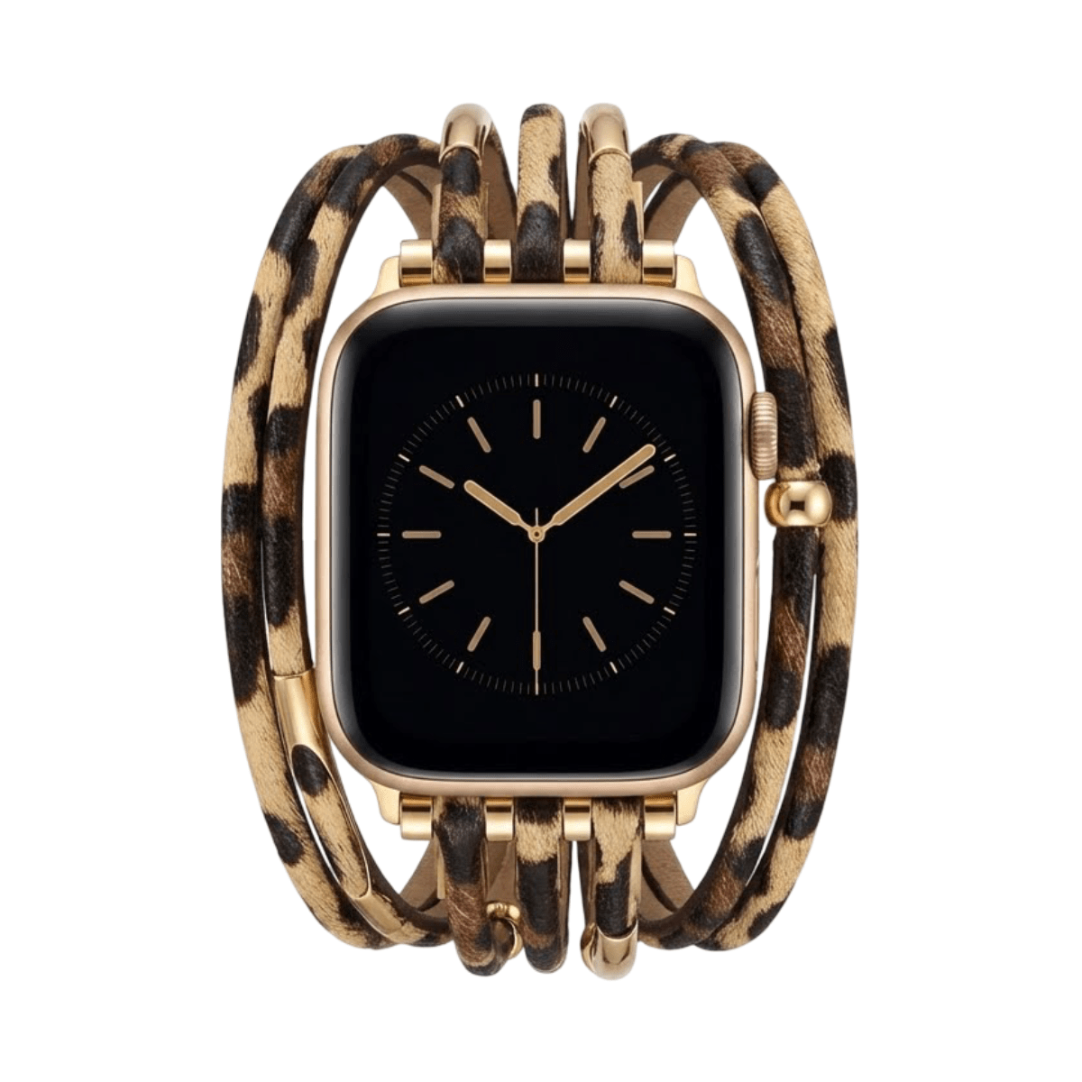 Bracelet montre Apple Watch léopard en simili cuir doux à triple tour avec éléments métalliques dorés.