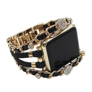 Bracelet montre Apple Watch noir simili cuir tressé avec chaîne dorée et strass brillants élégants.