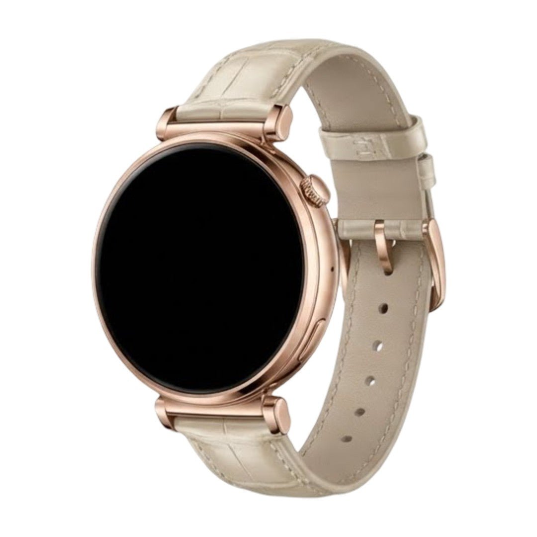 Bracelet montre effet crocodile beige clair en simili vegan avec boucle métal doré pour montre connectée femme.