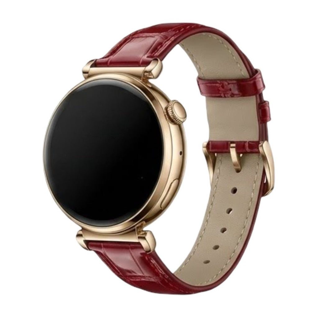 Bracelet montre connectée rouge effet crocodile en simili vegan avec boucle métal doré, style élégant femme.