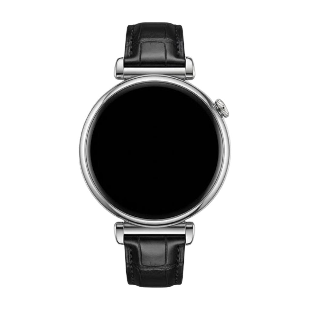 Bracelet montre effet crocodile noir en simili vegan avec boucle métal doré pour montre connectée femme.