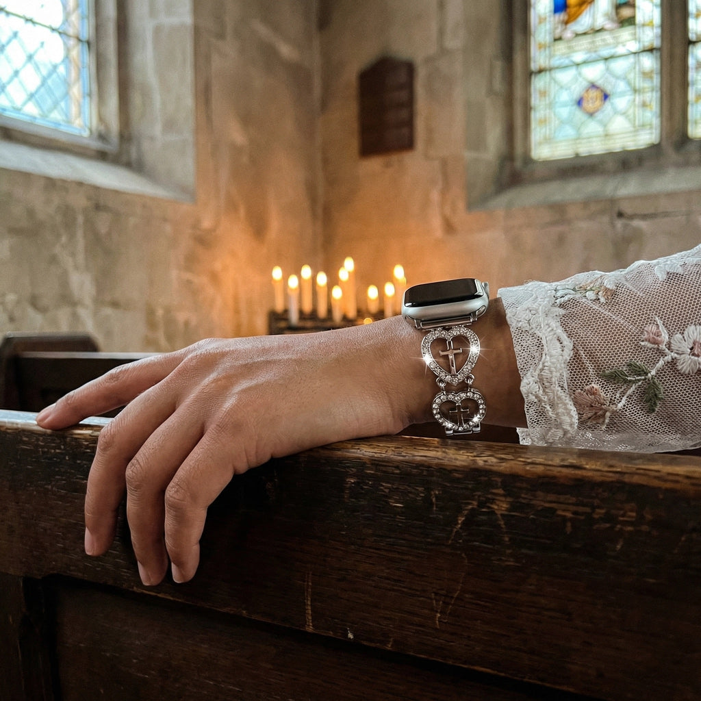 Women's Smartwatch Bracelet, Heart and Cross Design, Clip-On Links, Silver or Gold Finish, Modern Religious Jewelry, Relika Model