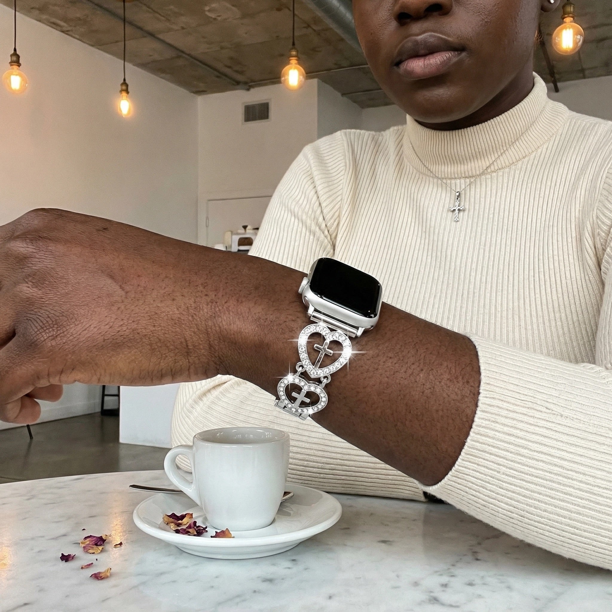 Women's Smartwatch Bracelet, Heart and Cross Design, Clip-On Links, Silver or Gold Finish, Modern Religious Jewelry, Relika Model