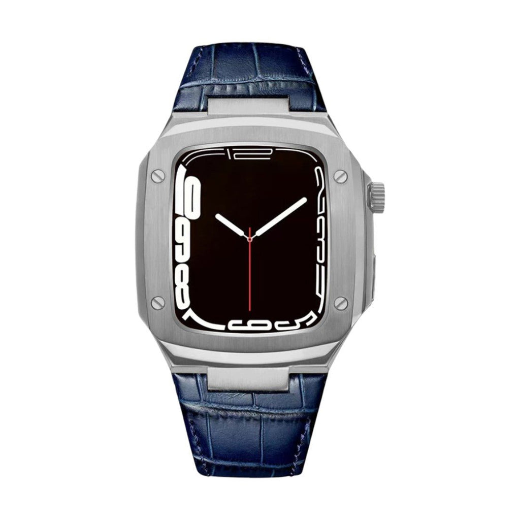 Bracelet montre cuir bleu marine effet croco avec coque armure argentée intégrée et boucle ardillon.